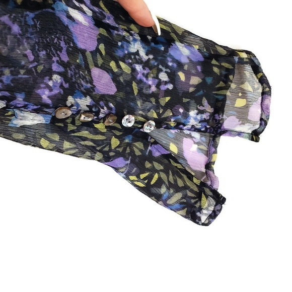 MARSH LANDING 100% Silk Black and Purple Sheer Button Up Floral Top Sz M - Picture 11 of 11